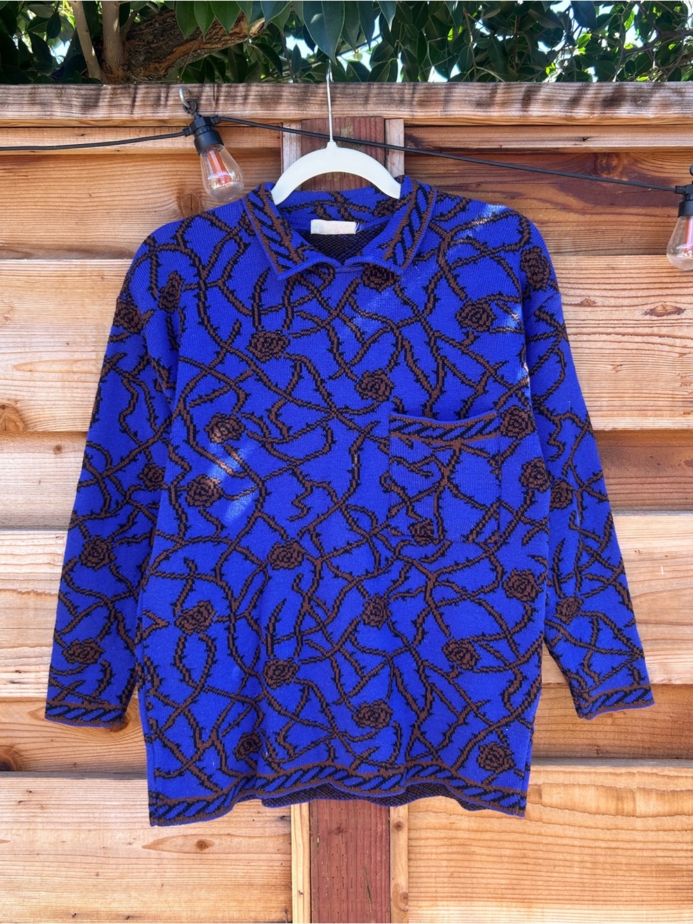 Vintage 80s Euro Blue Rose and Thorn Pattern Wool Blend Collared Sweater